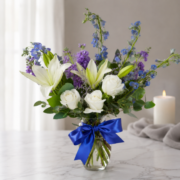 Our Prayers are with You Sympathy1 “Our Prayers Are With You Sympathy bouquet with white lilies, roses, and seasonal blooms, handcrafted by local Cincinnati florist allthepeoplesflowers.com.”