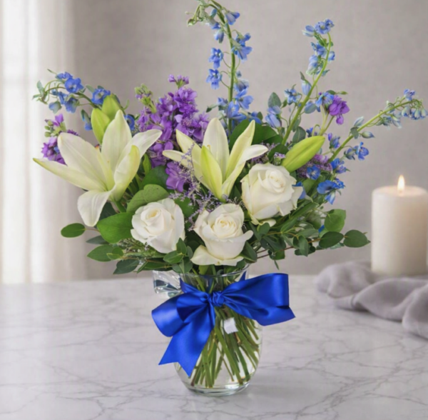 Our Prayers are with You Sympathy2 “Our Prayers Are With You Sympathy bouquet with white lilies, roses, and seasonal blooms, handcrafted by local Cincinnati florist allthepeoplesflowers.com.”