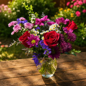 “She’s Royal Wildflower Edition bouquet with red roses, purple chrysanthemums, magenta daisies, and seasonal blooms, handcrafted by local Cincinnati florist allthepeoplesflowers.com.”