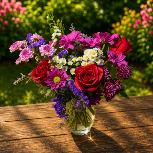 “She’s Royal Wildflower Edition bouquet with red roses, purple chrysanthemums, magenta daisies, and seasonal blooms, handcrafted by local Cincinnati florist allthepeoplesflowers.com.”