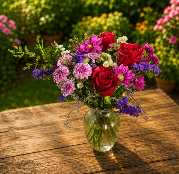 “She’s Royal Wildflower Edition bouquet with red roses, purple chrysanthemums, magenta daisies, and seasonal blooms, handcrafted by local Cincinnati florist allthepeoplesflowers.com.”
