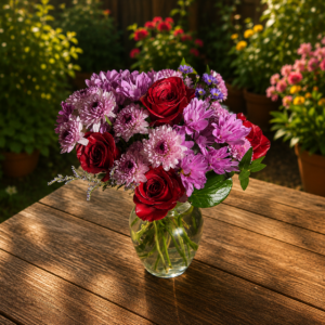 “She’s Royal Lavender Edition bouquet with red roses, purple chrysanthemums, and lush greenery, handcrafted by local Cincinnati florist allthepeoplesflowers.com.”
