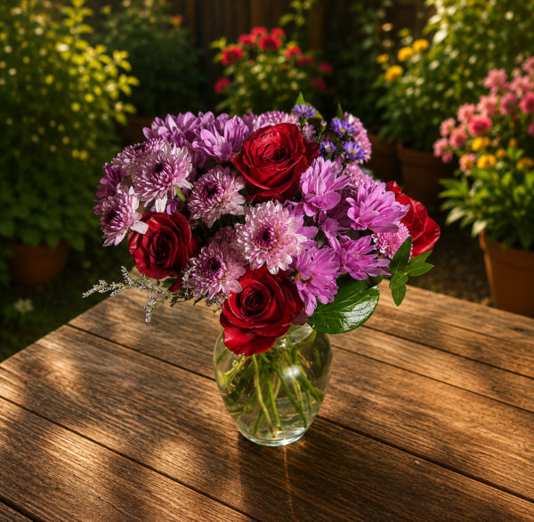 “She’s Royal Lavender Edition bouquet with red roses, purple chrysanthemums, and lush greenery, handcrafted by local Cincinnati florist allthepeoplesflowers.com.”