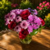“She’s Royal Lavender Edition bouquet with red roses, purple chrysanthemums, and lush greenery, handcrafted by local Cincinnati florist allthepeoplesflowers.com.”