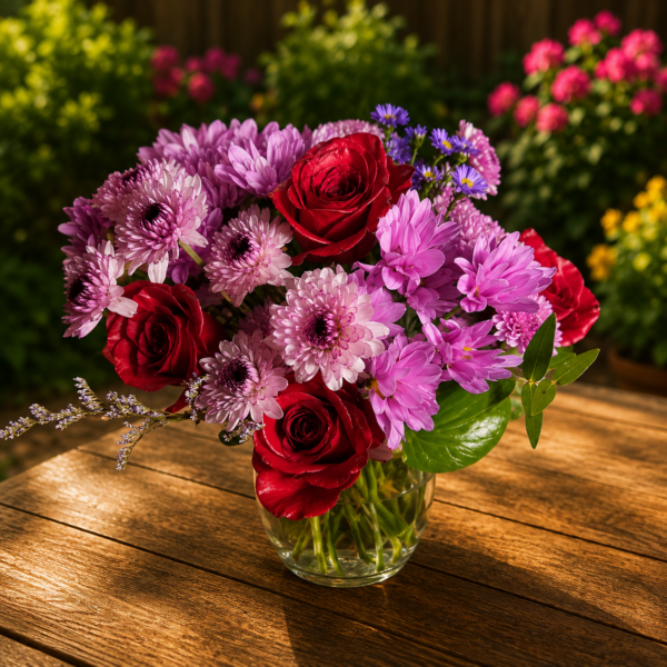 “She’s Royal Lavender Edition bouquet with red roses, purple chrysanthemums, and lush greenery, handcrafted by local Cincinnati florist allthepeoplesflowers.com.”