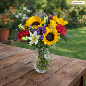 Sunflowers and Lily Celebration bouquet with bright sunflowers, white lilies, red carnations, and purple blooms in a clear vase on a wooden table outdoors.