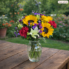 Sunflowers and Lily Celebration bouquet with bright sunflowers, white lilies, red carnations, and purple blooms in a clear vase on a wooden table outdoors.
