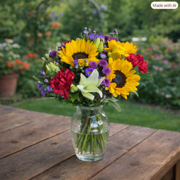 Sunflowers and Lily Celebration bouquet with bright sunflowers, white lilies, red carnations, and purple blooms in a clear vase on a wooden table outdoors.