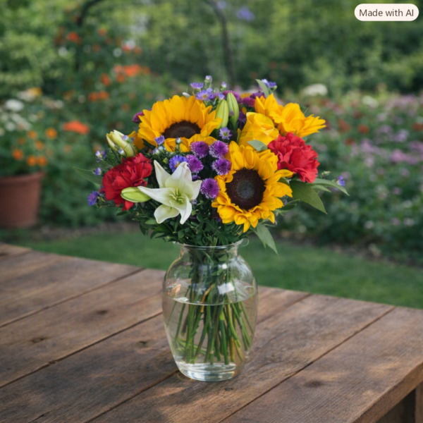 Sunflowers and Lily Celebration bouquet with bright sunflowers, white lilies, red carnations, and purple blooms in a clear vase on a wooden table outdoors.