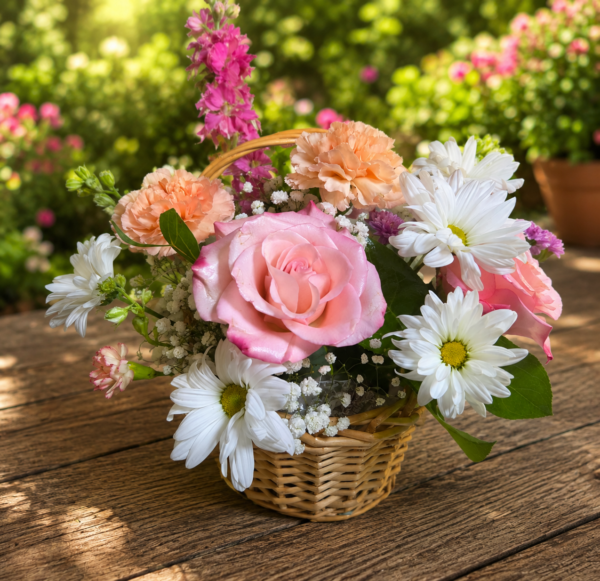 Coraline bouquet by local Cincinnati florist featuring roses, carnations, daisies, and sunflowers arranged with freshness and elegance.