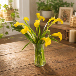 Bright yellow calla lilies in a clear glass vase on a rustic wooden table, handcrafted by allthepeoplesflowers.com for Cincinnati and Northern Kentucky flower delivery.