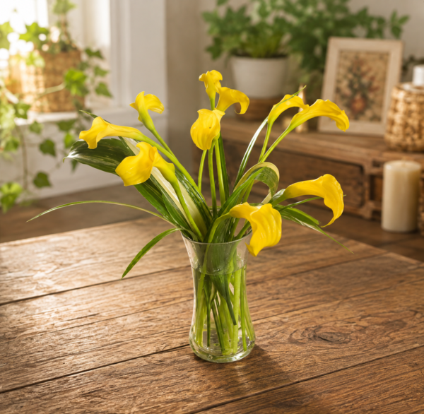 Bright yellow calla lilies in a clear glass vase on a rustic wooden table, handcrafted by allthepeoplesflowers.com for Cincinnati and Northern Kentucky flower delivery.