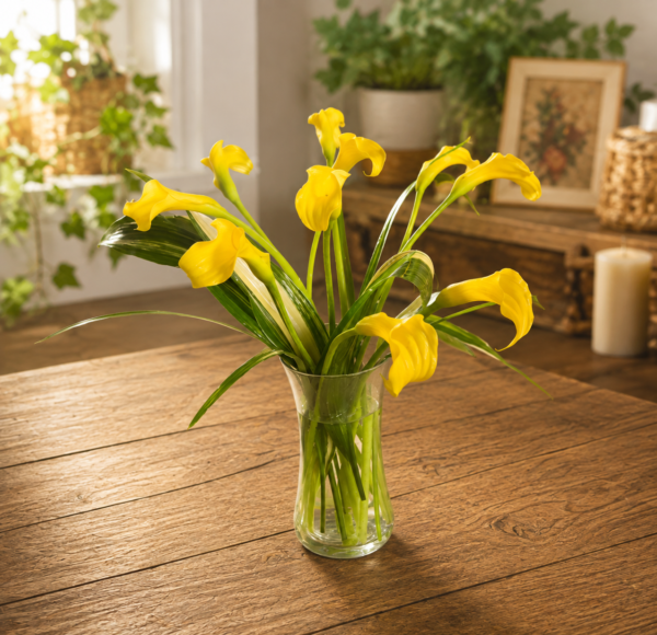 Bright yellow calla lilies in a clear glass vase on a rustic wooden table, handcrafted by allthepeoplesflowers.com for Cincinnati and Northern Kentucky flower delivery.