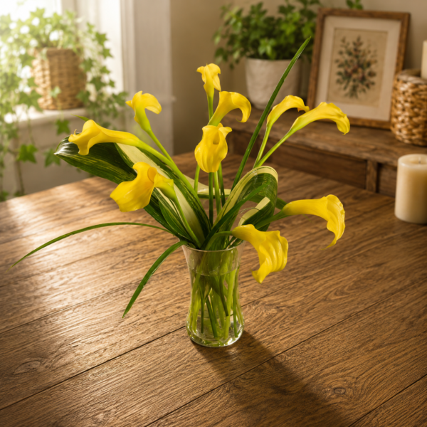 Bright yellow calla lilies in a clear glass vase on a rustic wooden table, handcrafted by allthepeoplesflowers.com for Cincinnati and Northern Kentucky flower delivery.