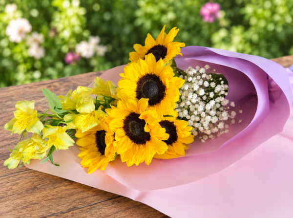 Cascading Sun bouquet featuring radiant sunflowers, lavender accents, and smaller yellow blooms, wrapped in pastel paper, handcrafted by allthepeoplesflowers.com for Cincinnati and Northern Kentucky delivery.