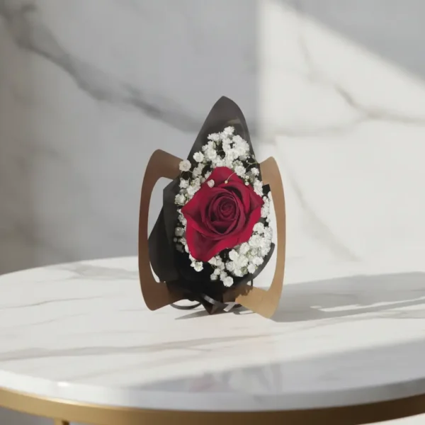 A single red rose wrapped in black and brown paper, surrounded by white baby’s breath, resting on a white surface with a softly blurred warm background.