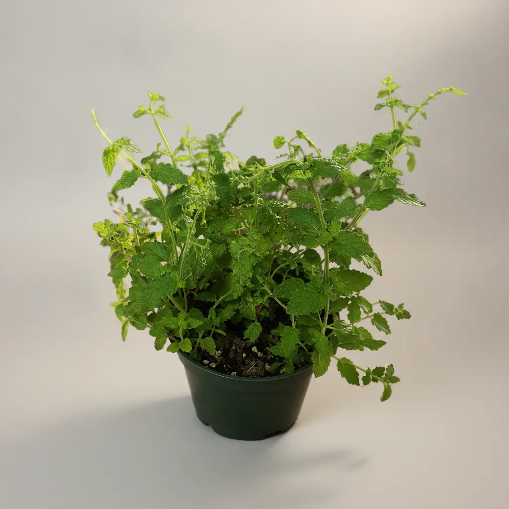 Strawberry mint plant in a green pot with bright textured leaves against a clean background.