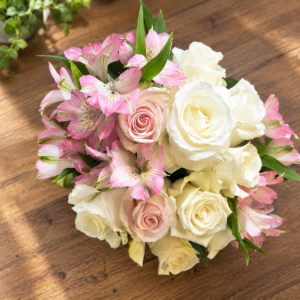 Blush and Hush Bouquet Blush and Hush Bouquet with pastel roses and lilies, handcrafted by local Cincinnati florist.