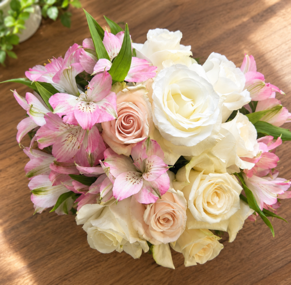 Blush and Hush Bouquet with pastel roses and lilies, handcrafted by local Cincinnati florist.