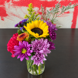 Autumn Masonette bouquet with sunflowers, chrysanthemums, carnations, and seasonal blooms, handcrafted by local Cincinnati florist.