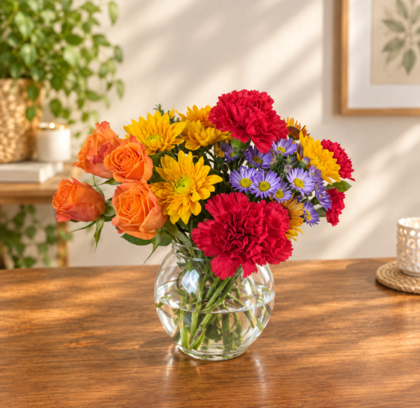 Fall Mini Vase with orange roses, yellow daisies, pink carnations, and purple asters, handcrafted by local Cincinnati florist.
