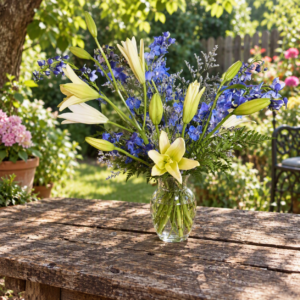Pale yellow lilies, tall blue delphinium spires, and green fern foliage arranged in a clear glass ribbed vase.