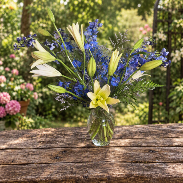 Pale yellow lilies, tall blue delphinium spires, and green fern foliage arranged in a clear glass ribbed vase.