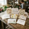 A display of assorted greeting cards arranged on a rustic wooden table, with floral accents and a person preparing a bouquet in the background.