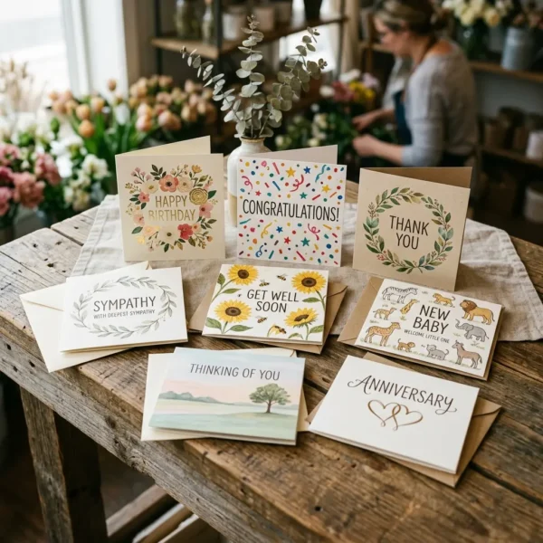 A display of assorted greeting cards arranged on a rustic wooden table, with floral accents and a person preparing a bouquet in the background.