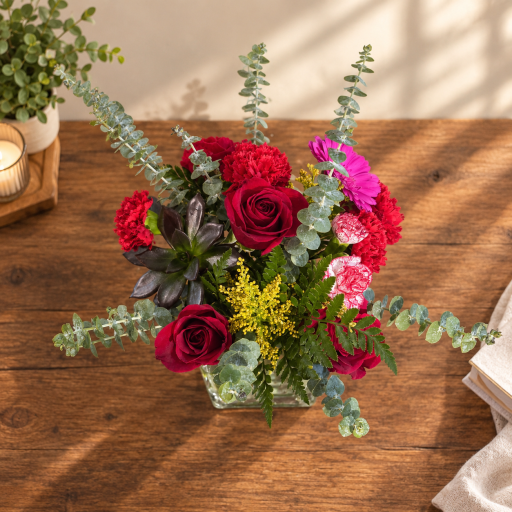 Red roses, a dark plum succulent, yellow solidago, and arching eucalyptus stems arranged in a clear glass cube vase.